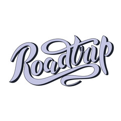 Road trip. The slogan. Vector illustration with hand lettering. Dark blue trendy letters with lines on white background. Travel the world. Wanderlust. Travel blog banner poster card trip car.