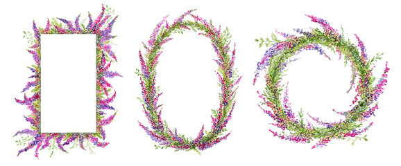 Watercolor pink flowers frame set, isolated on transparent background