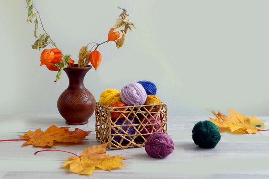 Autumn is the time for knitting warm cozy things: a maple leaf on multi-colored skeins in a decorative box, a bouquet of physalis, scattered maple leaves, a gray background, a place for text