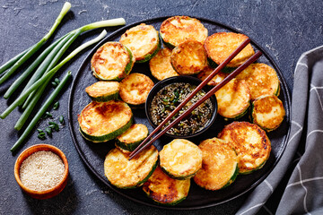 Hobak Jeon, pan fried zucchini with dipping sauce