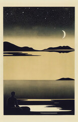 Woman meditating at river 3d illustrated 
