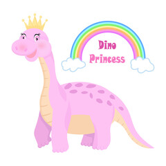 Dino Princess. Cute Dino pink cartoon dino. hand drawn illustration.