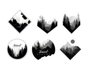 Monochrome Geometric Shapes with Wild Coniferous Forest Vector Set