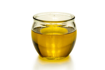 Extra virgin olive oil in a glass bowl isolated on white, clipping path