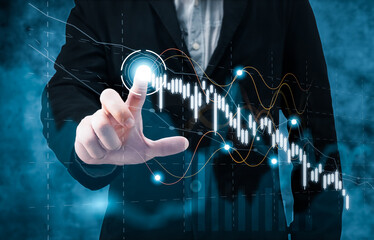man touch growth graphs and progress of business and analyze financial and investment.Use technology to plan strategy to success goals and growth stock.online business, e-commerce, online marketing.