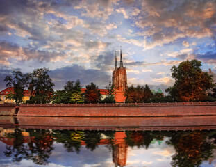 view of the Odra River and the Cathedral of John the Baptist in Wrocław, Poland