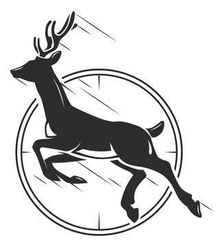 Deer in gun sight. Hunting season logo. Target symbol