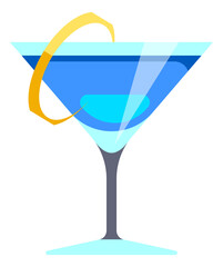 Blue cocktail drink. Cartoon refreshment with lemon peel on glass