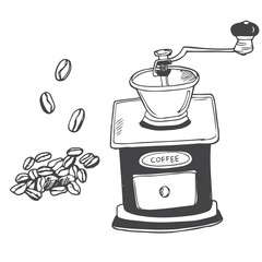 Coffee grinder and coffee beans sketch in doodle style