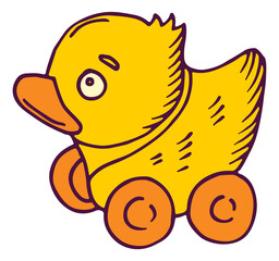 Yellow duck on wheels. Toddler toy in hand drawn style