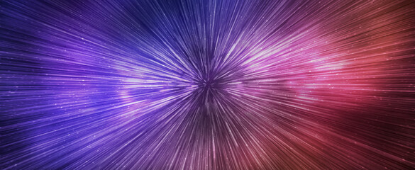Hyperspace speed effect in night starry sky. Bright blue and red galaxy, horizontal banner