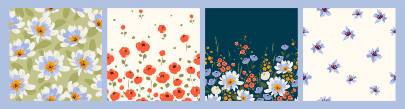 Floral seamless patterns and borders. Vector design for paper, cover, fabric, interior decor and other