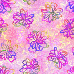 Hand drawn colorful flowers. Imitation embroidery. Seamless trendy pattern.