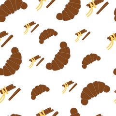 Confectionery Christmas seamless pattern on a transparent background. Croissant and cinnamon