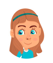 Cartoon girl with long brown hair. Kid head portrait