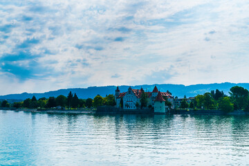 Germany, Bodensee lindau city houses buildings from waterside, panorama view to old town on sunny day in summer