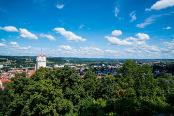 Germany, Panorama view ravensburg city skyline beautiful village in summer with blue sky and sun above roofs
