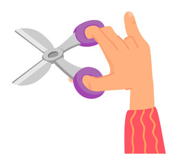 Hand holding open scissors. Cutting icon in cartoon style
