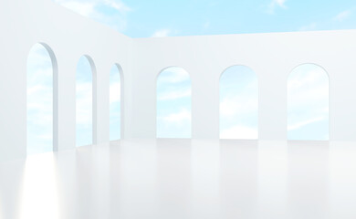 3D rendering empty white building with open arches and sky view.