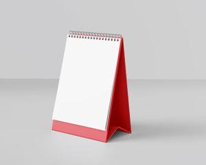 Portrait table calendar mockup with red stand isolated background. 3D Illustration.