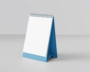 Portrait table calendar mockup with blue stand isolated on white background. 3D Illustration