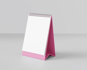 Portrait table calendar mockup with pink stand isolated on white background. 3D Illustration