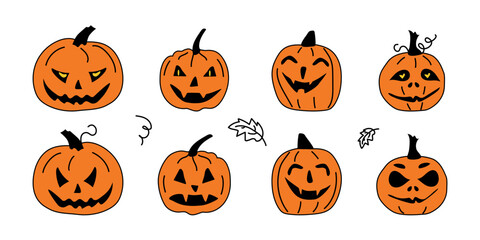 A set of orange Jack pumpkin vector icons for Halloween on a white background. Illustration in hand-drawn style isolated for icons, stickers, decorations