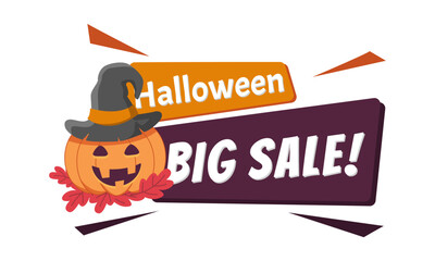 Halloween Big Sale Discount With Pumpkin and Witch Hat Promo. Discount offer price sign. Special offer symbol. Discount tag badge Vector Illustration. Perfect design for shop and sale banners