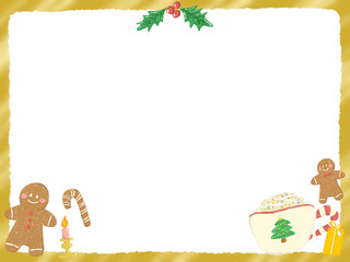 Christmas decoration frame gingerbread man and egg knock cute hand drawn illustration / クリスマスの装飾フレーム　ジンジャーブレッドマンとエッグノック かわいい手描きイラスト
