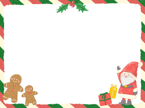 Christmas decoration frame dwarf santa claus and gingerbread man cute hand drawn illustration / クリスマスの装飾フレーム 小人サンタクロースとジンジャーブレッドマン かわいい手描きイラスト