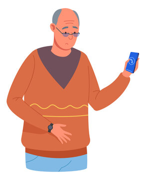 Old man in glasses looking at smartphone screen. Senior with mobile phone