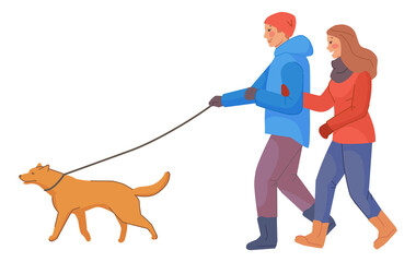 Couple walking with dog. People in warm winter clothes