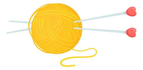Yellow yarn ball with knitting needles. Hand craft icon