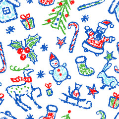 Seamless Christmas pattern like child hand drawing cartoon. Snowman, tree, deer, gift box, snow, santa, hut. Crayon, pastel chalk, pencil kid painting flat funny doodle simple vector stroke