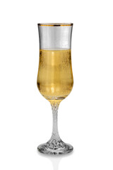 Flute or goblet trumpet glass with champagne or sparkling wine isolated on white, clipping path, vintage glass with gold thread