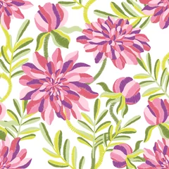 Fototapeten Hand drawn Vibrant floral pattern blossom flowers  seamless background. Ornament for clothes, textiles, interior, gift wrapping, postcards, invitations © Elli