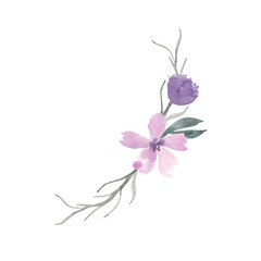 Mauve purple pink flowers with green leaves bouquet arrangement isolated on white background. Elegant hand-painted watercolor floral design clipart 