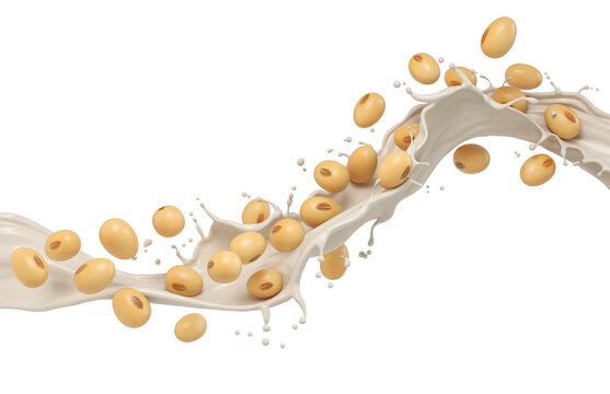 Soy milk pouring and Splash with Soy beans, 3d rendering.