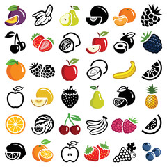 Sustainable healthy fruit icon collection - vector color and black and white outline illustration and silhouette  illustration