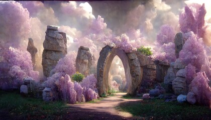 Fantasy landscape of a fairy garden with a stone arch and lilacs., lilac bushes, stone arch, portal, entrance, unreal world. 3d rendering. Raster illustration. - obrazy, fototapety, plakaty