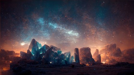 Sci-fi landscape with planet. Futuristic fantasy landscape with neon light, cold planet. 3D render. Raster illustration.