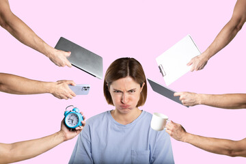 Close up portrait of angry woman and many hands giving her different devices and tools for working....