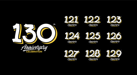 set of 121 to 130 anniversary celebration logos in white and mustard yellow on black background