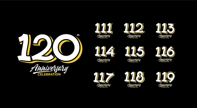 set of 111 to 120 anniversary celebration logos in white and mustard yellow on black background