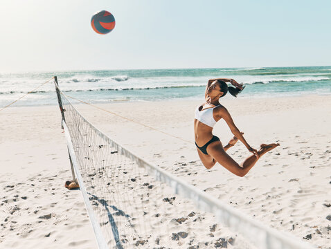 Black Woman, Beach And Volleyball For Fitness, Health And Exercise On Vacation In Summer. Girl, Sports Or Ocean Play With Ball On Sand To Workout For Wellness In Sunshine On Holiday In Cancun, Mexico