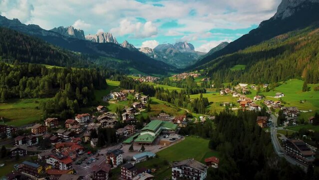 City Moena in Italy surrounded with mountains.