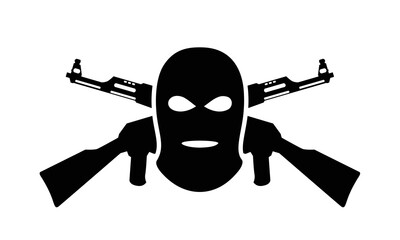 Terrorism vector sign, isolated on white background. Bandit mask black color illustration. Black balaclava and AK 47. Silhouette bad guy with gun. Shooter logo. Danger criminal clipart. Robber symbol - obrazy, fototapety, plakaty