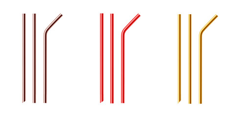 Set of reusable metal drinking straws. Realistic vector illustration isolated on transparent background.