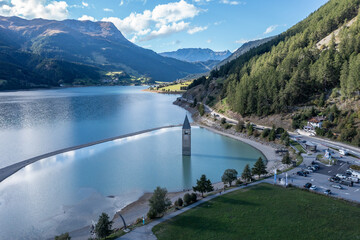 drone flight over Lake Reschensee in South Tyrol