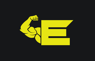 Fitness Gym logo with letter E, bicep flex logo, vector, design, emblem, icon